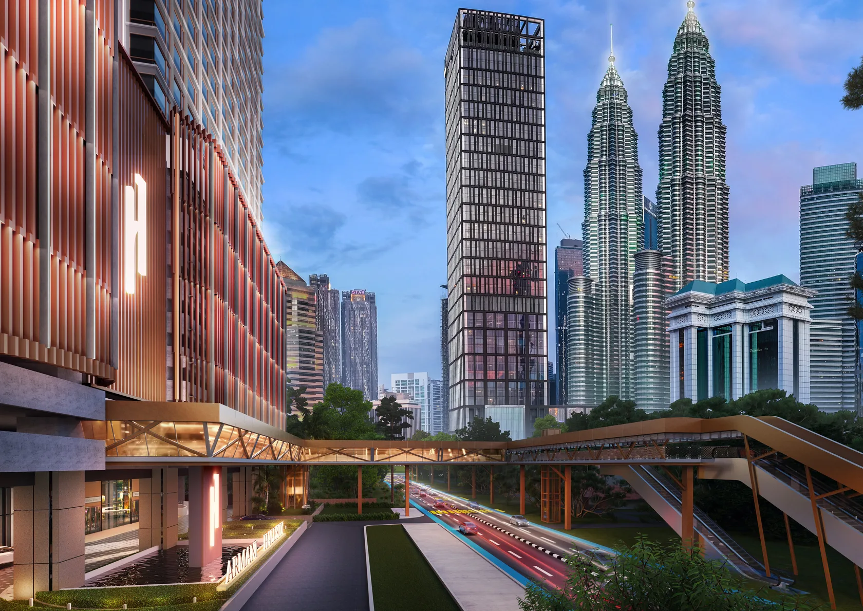 Armani Hallson KLCC with a link bridge toward the Petronas Twin Towers